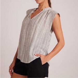 Bella Dahl Small Cap Eze Slub Shirred Gray Striped Sleeveless V-Neck Linen Top